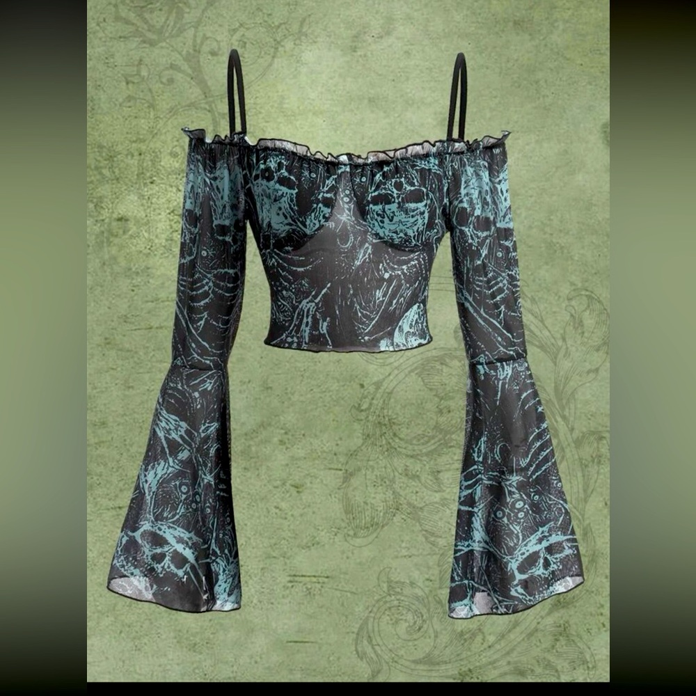 ROMWE Fairycore Cold Shoulder Skull Print Bell Sleeve Top